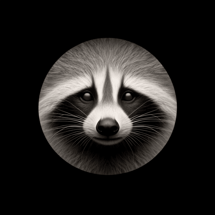 una fotografia in raw, con una maschera tonda, (bianca al centro e fuori nero ai bordi esterni del cerchio) e dalla base si affaccia la faccia di un procione (si vede solo museo=. una fotografia in raw, con una maschera tonda, (bianca al centro e fuori nero ai bordi esterni del cerchio) e dalla base si affaccia la faccia di un procione (si vede solo museo=.